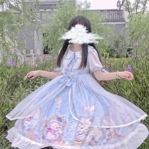 Japanese sweet Lolita cat cute printing high waist mesh OP short sleeve dress female summer lace bowknot victorian dress kawaii