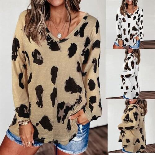 Autumn Womens T-shirt Sexy V Neck Long Sleeve Leopard Printed Tee Shirt Tops Casual Female Loose Tshirt 10 Colors WDC5750