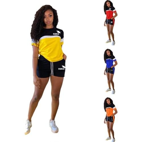 Summer Brand Print Tracksuit Women 2 Piece Set Tee Tops and Shorts Matching Set Jogger Fitness Outfit Patchwork Female Clothing