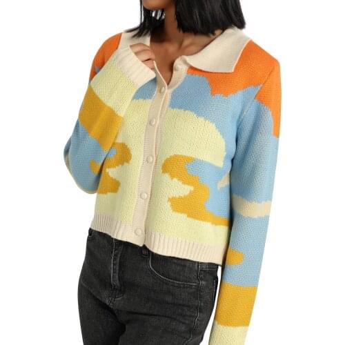 Long Sleeve Print Knitted Cardigan Womens Button Down Sweater Tops 90s Girls Casual Sweaters Fashion Color Block Lapel Outwear