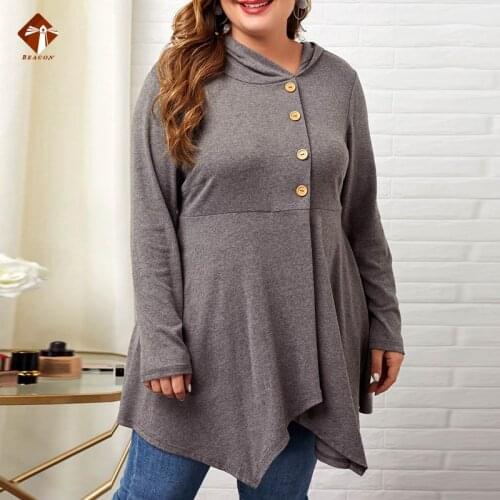 2021 Spring Long Sleeve Women Pullover Irregular Hem Casual Loose Knitted Button Pullovers Hoode Plus Size Clothes Solid Tops