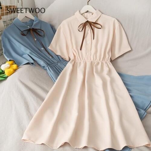 Dress Women Chiffon Bow Solid High Waist Turn-down Collar Preppy Style Popular Temperament Girls Summer Holiday