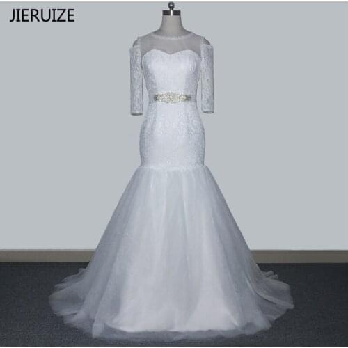 JIERUIZE White Lace Off the Shoulder Mermaid Wedding Dresses 2018 Sash Long Sleeves Cheap Wedding Gowns vestidos de novia