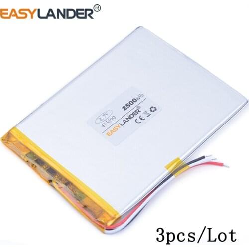 3pcs /Lot 3-wire 475590 2500mAh 3.7v lithium Li ion polymer rechargeable battery For DVR MP5 Speaker E-book tablet pc psp PAD