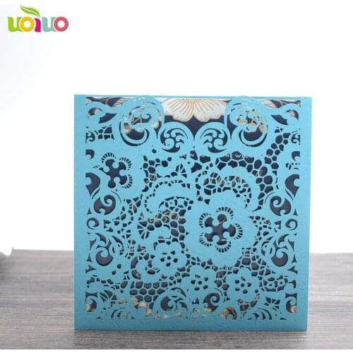 50pc China Vintage Laser Cut Wedding Invitations sky blue flower Party Elegant Luxurious invitation Card Paper