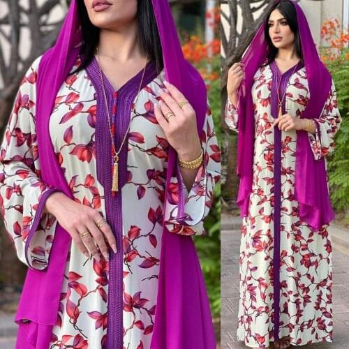 Abaya Muslim Womens Purple Printed Dress Arab Robe Ramadan Worship Full Dress Southeast Asian Clothing Without Turban