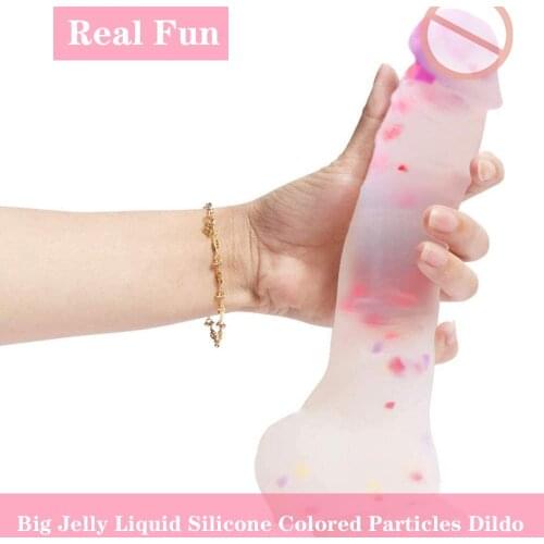 Big Jelly Liquid Silicone Colored Particles Simulation Lace Dildo Female Masturbation Couple Love Fun Huge Penis