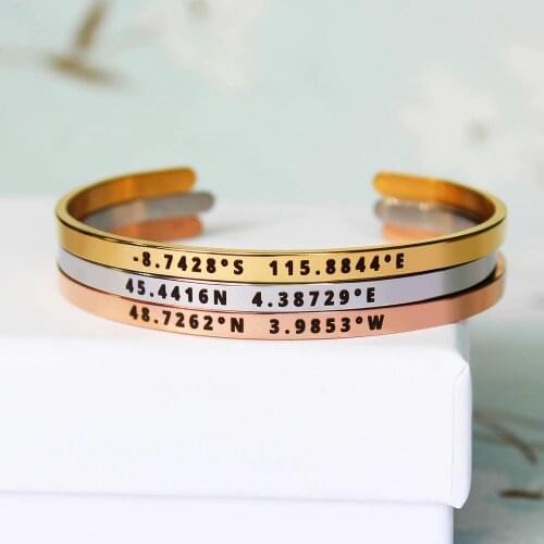 4mm Width Custom Coordinates Bracelet Stainless Steel Laser Engrave Adjustable Cuff Bangles Customized Personalized Femme