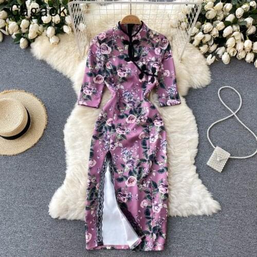 Gagaok Chinese Style Dresses Women 2021 Summer New Sheath Stand Collar Thin Split Cheongsam Dress Elegant Temperament Vestidos