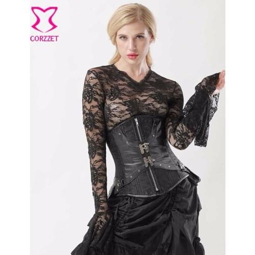 6XL Plus Size Underbust Corset Gothic Clothing With Pockets Black Brocade & Leather Steel Boned Steampunk Corsets and Bustiers