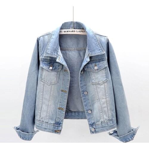 Vintage Womens Short Denim Jacket Spring Autumn Korean Classic Casual Long Sleeve Solid Color Jeans Jacket Female Basic Coat