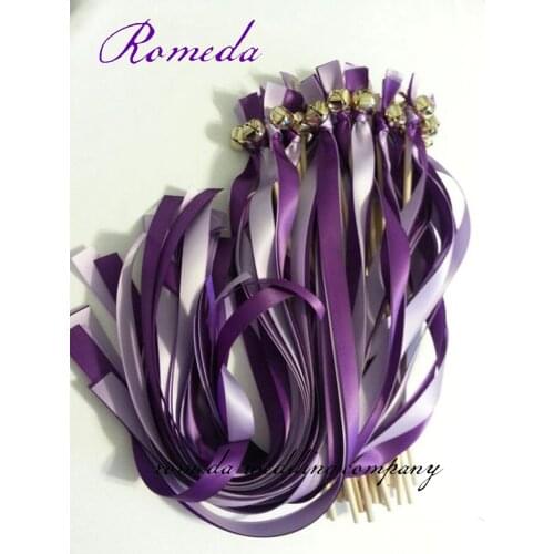 Hot Sell Dark Purple + Light Purple Stain Ribbon With Gold Bell Wedding Ribbon Wands(50Pieces/Lot) Event Party Supplies Wedding
