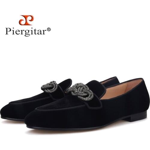 Piergitar black velvet men loafers with gun color metal buckle fashion party mens dress shoes plus size men smoking slippers