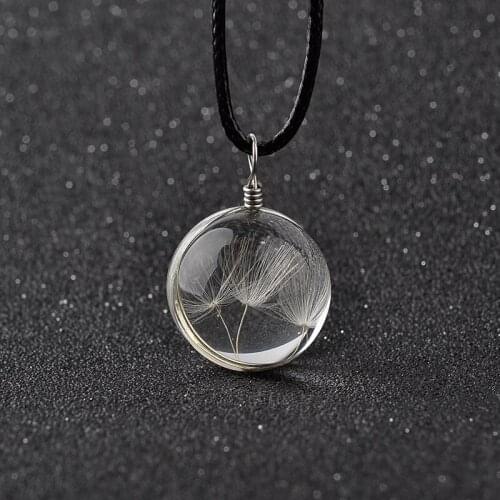 2020 New Real Dandelion Jewelry Crystal Glass Ball Dandelion Necklace Long Strip Leather Chain Pendant Necklaces For Women