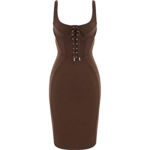 Sexy Brown Sling Dress Summer Fashion Elegant Sleeveless Sheath Knee Length Party Clubnight V Neck Dress High Quality Dropship