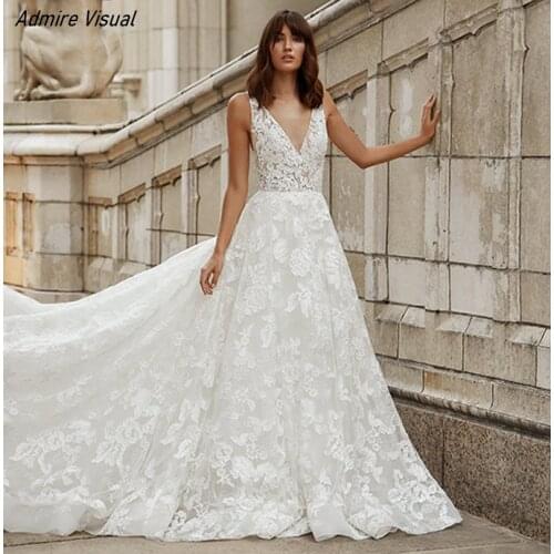 Wedding Dress A-Line V-Neck Neckline Sleeveless Lace Appliques Floor-Length Sexy V-Back Custom Made Plus Size Bride Gown