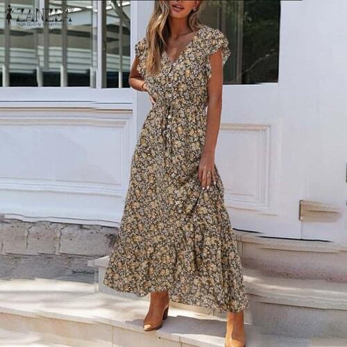 ZANZEA Bohemian Women Dresses 2021 Summer Print Maxi Vestidos Casual Solid Ruffle Sleeve Sundress Lady V-neck Robe