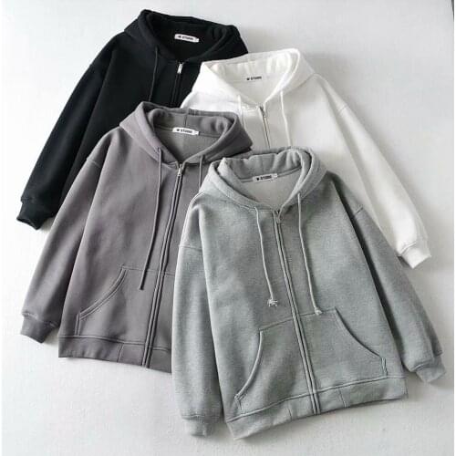 Plush and thickened loose fashion womens mid long zipper Hooded Coat in autumn and winter