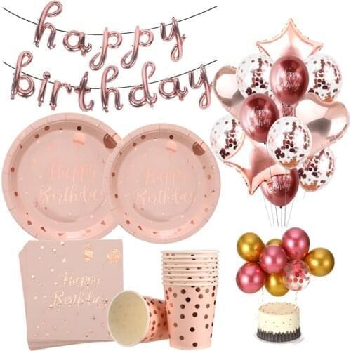 Rose Gold Birthday Party Balloons Happy Birthday Disposable Tableware Paper Cup Plate Baby Shower Anniversary event Party Decor