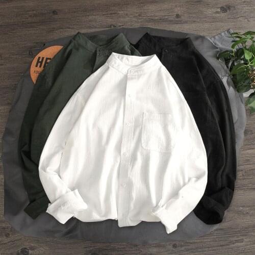 Spring New Korean Fashion Mens Cotton White Shirts Stand Collar Long Sleeve Soft Loose Linen Touch Male Blouse 4XL 5XL