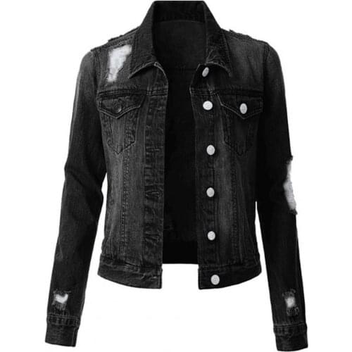 Ripped Denim Jacket 2021 Denim Coat Solid Color Ripped Autumn Winter Washed Single Breasted Lapel Jeans Jacket Streetwear