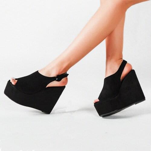 Flock peep toe platform sandals women thicken ultra high heels creepers sandalias cover instep round buckle strap sandale femme