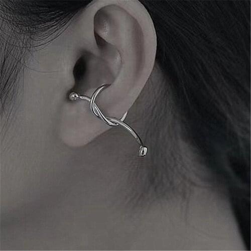 SRCOI Punk Silver Color Knotted Tiny Balls Clip Earrings Without Piercing Curved Lines Geometric Metal Earings For Women Jewelry