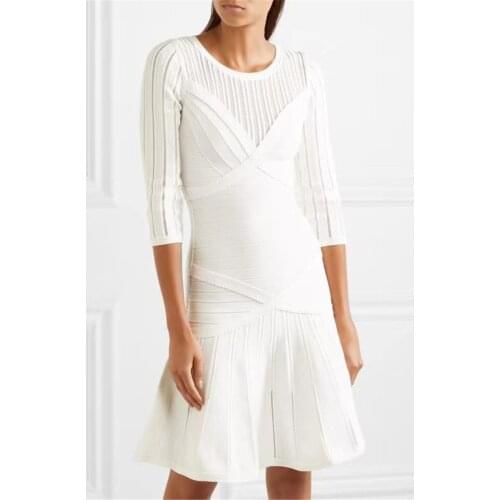 Spring Women Above Knee Half Sleevel Ruffles White Red Nice Jacquard Fashion Sexy Rayon Bandage Celebrity Club Party Dress