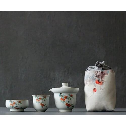Yuebai Ru Kiln Kuai Ke Cup One Pot Two Cups Persimmon Size Cup Pomegranate Opening Portable Kung Fu Tea Set Tea Pot and Cup Set