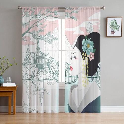 Geisha Japan Style Mount Fuji Window Curtains Bedroom Modern Drape Sheer Tulle Valances Living Room Kitchen Voile Curtain