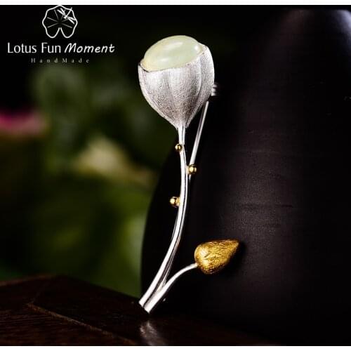 Lotus Fun Moment Real 925 Sterling Silver Natural Stone Handmade Designer Fine Jewelry Elegant Lotus Buds Brooches for Women