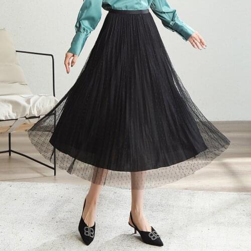 Mesh Double-sided Pleated Half-length Skirt 2021 Women Korean Elegant High Waist Mid-length A-line Skirts Streetwear Female