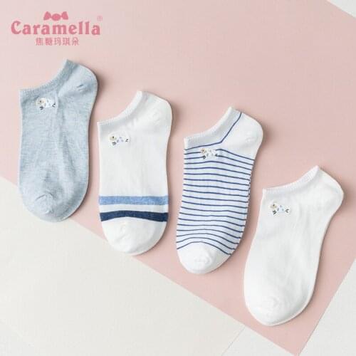 Caramella 4Pairs/Lot Popular Women Ankle Socks Soft Cotton Elasticity Student Short Socks Interesting Striped Happy Casual Socks