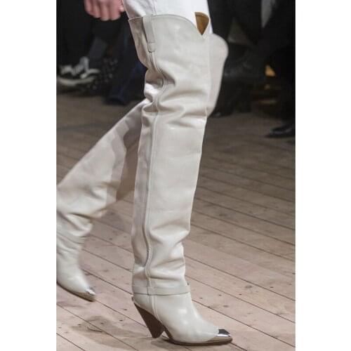 High-heeled Women Boots Spike Heels Pointed-toe Womens Shoes Personality Iron Head White Genuine Leather Over-the-knee Boots