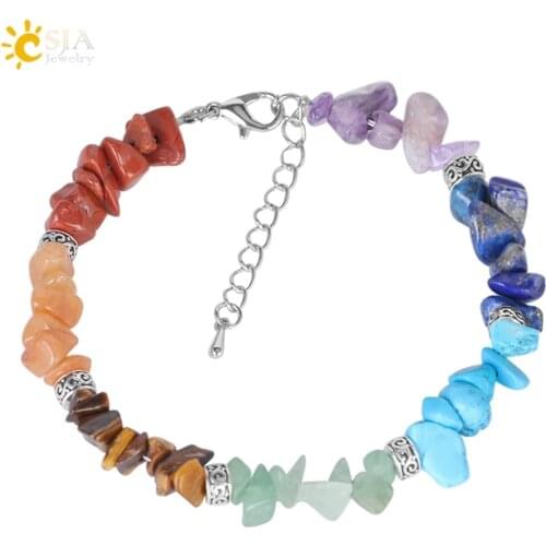 CSJA 7 Chakra Reiki Women Bracelets Chain Link Lobster Clasp Healing Balance Natural Chip Stone Beads Meditation Rainbow E446