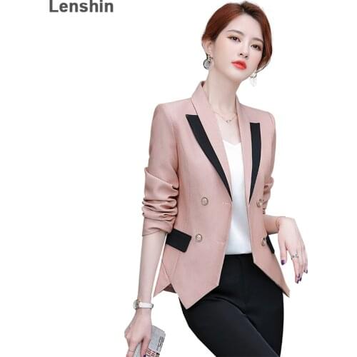 Lenshin Women Elegant Patchwork Jacket Full sleeve Blazer Fashion Work Wear Keep Slim Office Lady Coat Outwear Double Breasted