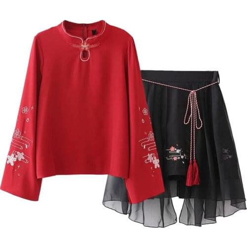 S-XL 2021 Summer 2 Pieces Set Women Chinese Style Floral Embroidery Long Sleeve Red Blouse And Mesh Skirt Women Clothing Set