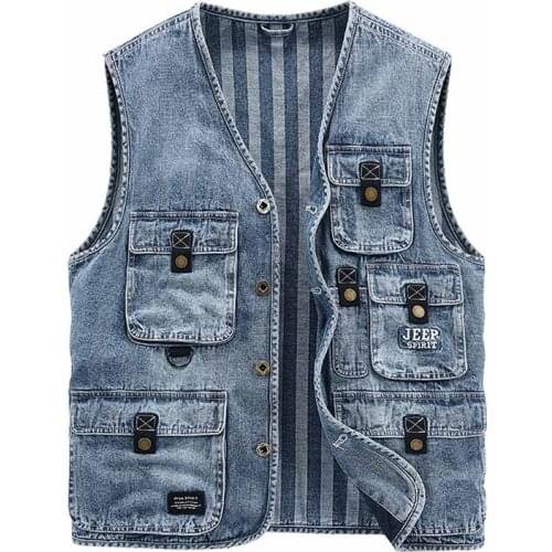 Mcikkny Fashion Men Spring Autumn Denim Vest Multi Pockets Washed Waistcoats For Male Sleeves Jeans Jackets Outdoor