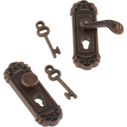 2 Set 1/12 Dollhouse Miniature Vintage Door Handle with Lock Key Room Accessories