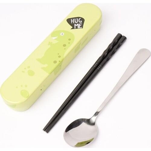 2PCS Dinosaur Iron Box Tableware Set Stainless Steel Spoon Alloy Chopsticks Dinnerware Sets Cutlery Set Party Flatware Supplies