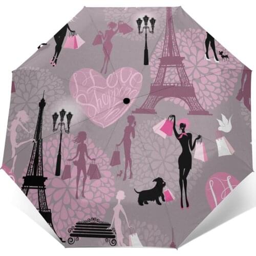 Automatic Umbrella Rain Women Three-folding Umbrella Effel Tower Hearts With Calligraphic Windproof Umbrella Waterproof parasol