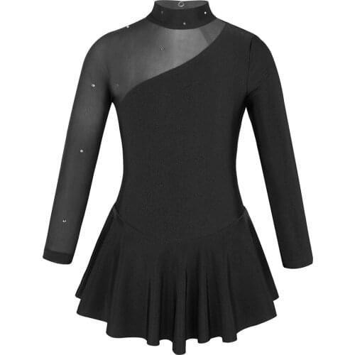 Kids Ballet Dress Gymnastics Leotards for Girls Long Sleeve Mock Neck Tulle Splice Figure Ice Skating Dress Dancewear Leotards
