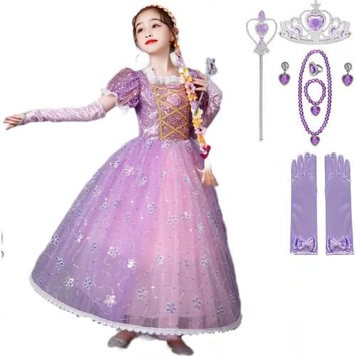 Long Hair Princess Rapunzel Christmas Halloween Tangled Costume Kids Birthday Lace Sequins Girls Sofiaa Dress Up