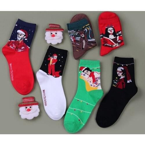 PEONFLY New 2020 Christmas Socks Women Funny Santa Claus Oil Painting Character Art Cotton Happy Socks Harajuku New Year Sokken