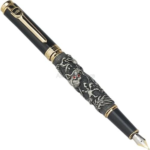 Jinhao Ancient Fountain Pen Auspicious Dragon Carving Heavy Pen, Iridium Fine Nib Classic Grey Office & School Supplies