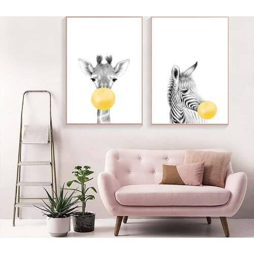 Blowing bubbles yellow animals Elephant giraffe zebra Koala Pictures Canvas Printings Wall Art Pictures For Living Room Decor
