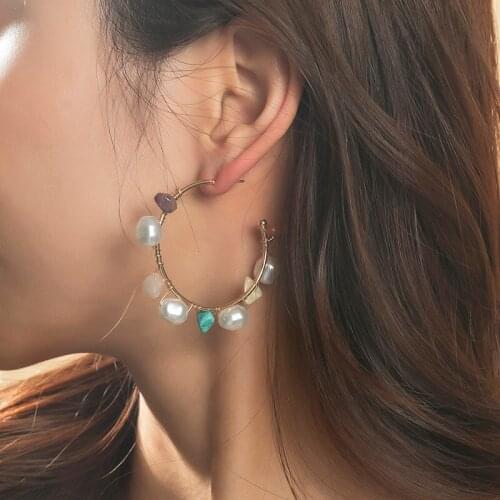 Fashion Simple Ladies White Pearl Multicolor Natural Stones Winding C Shape Metal Handmade Beaded Dangle Earrings Jewelry