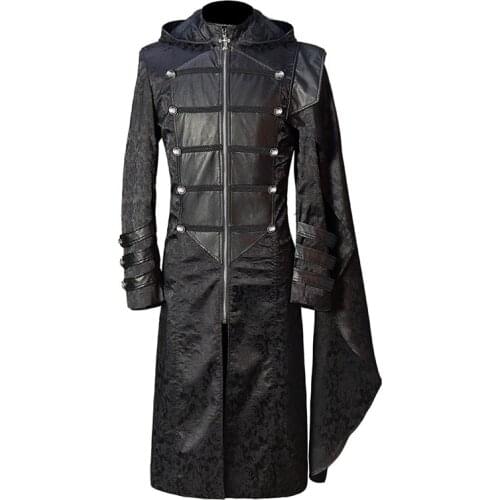 Black Stand Collar Front Zipper&Button Full Sleeves Medieval Long Coat Gothic Steampunk Clothing Vintage Jacket Men Cosplay Wear