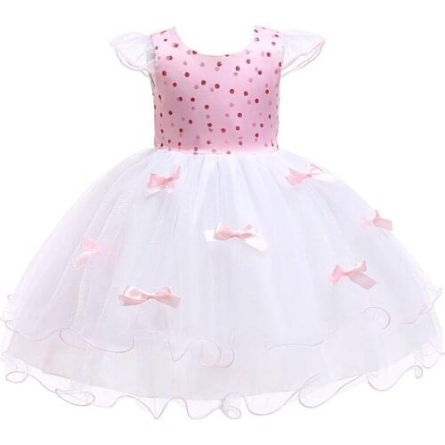 New Flower Girls Dresses Children Pink Dot Top with Tulle Party Wedding Dresses Formal Kids Elegant Gown Kids Clothes