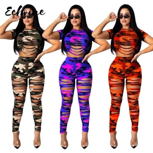 Orange Camo Print Hole Two Piece Set Tracksuit O Neck Short Sleeve Hollow Out Crop Top Pencil Pants Fashion Suit Skinny Outfits